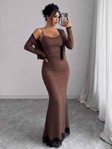 Selianne Women's Autumn/Winter Colorblock Long Sleeve Zip-Up Top And Cami Dress Set - Brown - View 3