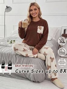 SHEIN CURVE+ 大尺碼休閒居家服2件套，毛茸茸卡通熊口袋加厚上衣與長褲 - 彩色 - 查看 1