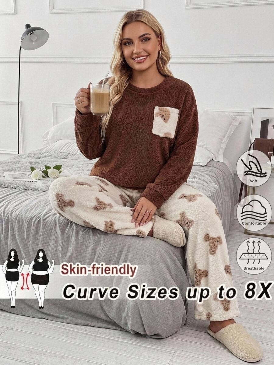 SHEIN CURVE+ 大尺碼休閒居家服2件套,毛茸茸卡通熊口袋加厚上衣與長褲 - 彩色 - 查看 1