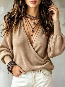 SHEIN Sweater Lengan Panjang Kasual Wanita Warna Polos Kerah V untuk Sehari-hari - Khaki - View 4