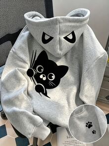 青少年女孩秋季穿搭簡約清新黑貓圖案衛衣上衣 - 淺灰色 - 查看 1
