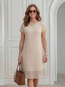 Miaspire Women's Solid Color Casual Elegant Grandma Daily Wear Spring Short Dress Formal Party Senior Beige - Khaki - View 6