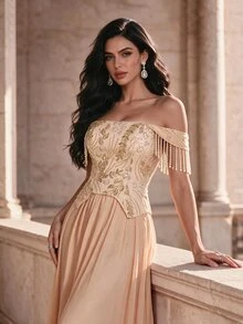 Coutiva Off-Shoulder Tassel Beaded Patchwork 2 In 1 Chiffon Maxi Dress Wedding Ball Event Party Prom Wedding Cream Winter Elegant Formal Glamour - Champagne - View 6