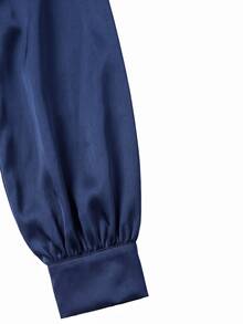 Grovea Plus Size Women's Elegant Satin Solid Color Metal Buckle Decor Tie Waist Loose Long Sleeve Spring Autumn Party Blouse - Royal Blue - View 6