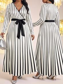Fleurora Plus Size Women's Elegant Striped Dress With Overlap V-Neck And Waist Tie Fall - Black and White - View 3