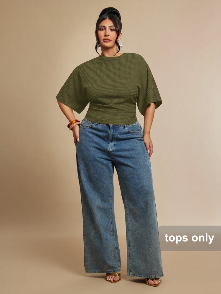 SHEIN BAE Plus Size Women Solid Color Batwing Short Sleeve Casual T-Shirt - Army Green - View 3