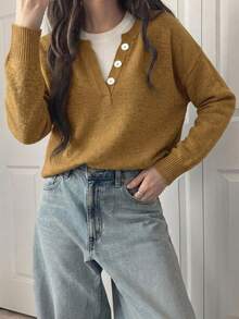DAZY Atasan Kerah Henley dengan Desain Blok Warna Longgar, Sweater Rajut Lembut 2 in 1 untuk Wanita - Kuning - View 5
