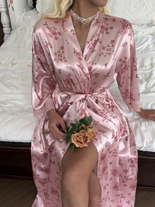 CottageSlumber Lace Trim Patchwork Ditsy Floral Faux Silk Romantic Nightgown - Pink - View 4