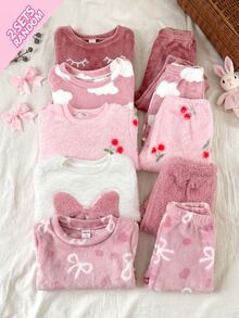 SHEIN 4pcs Baby Girl Pink Bow Embroidery Pullover Round Neck Top Cherry Plush Outfit Set Suitable For Winter - Pink - View 7