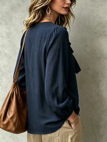 Trelyra Blus Lengan Panjang Wanita Ukuran Besar Warna Polos dengan Kerah Ruffle dan Tali di Depan - Navy Blue - View 2