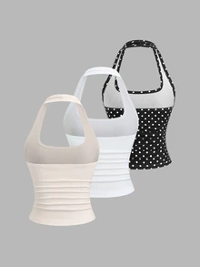 Sweetra Sommerliche französische Mode Punkt & Weiß, blassgelbes rückenfreies tailliertes sexy lässiges vielseitiges Damen-Neckholder-Tank Top 3 Stücke Set - Verschiedenfarbig - Übersicht 2