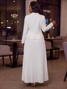 Fleurora Plus Size Women Solid Color Lapel Neck Long Sleeve Blazer And Pleated Skirt Elegant 2 Pieces Set - Multicolor - View 2