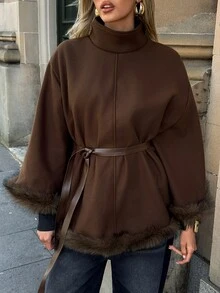 Aloruh Women's Autumn/Winter Deep Brown New Modern Minimalist Commuter Stand Collar Cape Waist-Cinching Striped Patchwork Overcoat - Brown - View 6