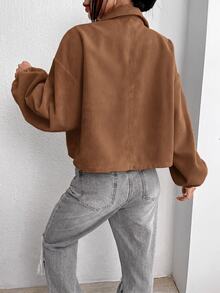SHEIN LUNE 翻蓋口袋落肩短版夾克（不含背心上衣），秋冬休閒款 - 摩卡棕 - 查看 2
