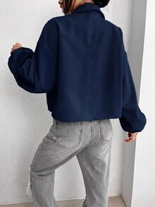 SHEIN LUNE 翻蓋口袋落肩短版夾克（不含內搭背心上衣），秋冬休閒款 - 藍色 - 查看 2