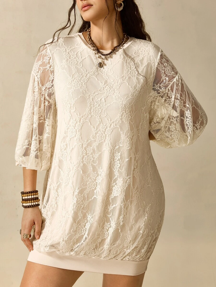 Nubod French Vintage Elegant Commuter Petal Sleeve Mesh Patchwork Apricot Dress - Apricot - View 1