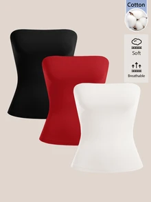 SHEIN BASICS 2PCS Women Solid Color Slim Fit Casual Tube Top - Multicolor - View 4
