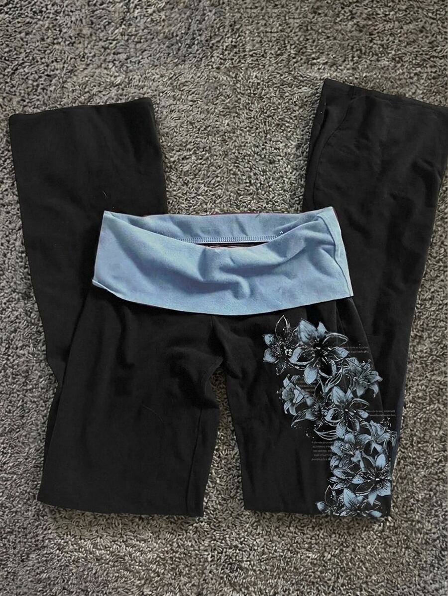Attitoon Damen Lässig Patchwork Kontrastfarben Vielseitige Alltags Hose, Blaue Blumenmuster Schwarze Lange Hose, Lässig Minimalistisch Alltags Vielseitig Party Treffen Flughafen Outfit Y2K Tops, Herbst Outfit, Damen Pendler Outfit, All-Match Hose, Ausflug Outfit, Flughafen Outfit - Verschiedenfarbig - Übersicht 1