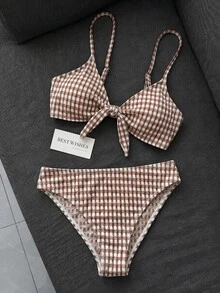 SHEIN Swim 女款紋理布料比基尼套裝，2件式泳衣，雙肩帶設計，胸前蝴蝶結裝飾，高腰，休閒海灘度假泳裝 - 巧克力棕 - 查看 2