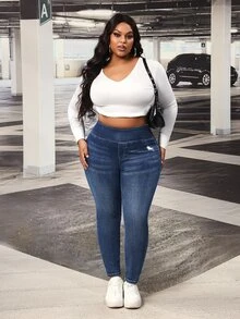 Slaydiva Plus Size Women's Casual Everyday Denim Jeans With Equestrian Pattern - Blue - View 5