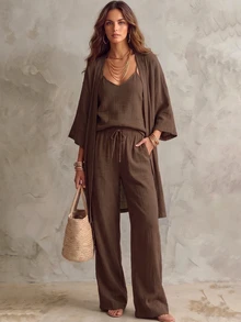 Solivie Autumn 3-Piece Solid Color Open Front Cardigan, Camisole And Pants Linen Set, Casual Daily Wear, Suitable For Vacation And Home Loungewear, Coffee Brown - Coffee Brown - View 6