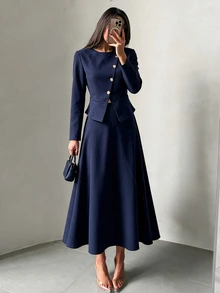 Modelyn Women Navy Two Pieces Dress Set Gold Button Asymmetric Peplum Cropped Top & High Waist A Line Flared Skirt Quiet Luxury Fall Office Wedding Guest - Blue - View 3