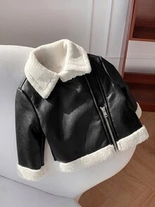 SHEIN 新生兒黑色PU保暖內裡夾克外套 街頭風可愛休閒 秋冬款 - 黑色 - 查看 6
