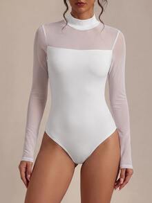 SHEIN BASICS Bodysuit Wanita Warna Polos Kerah Tinggi dengan Detail Jala Kontras Lengan Panjang - Putih - View 1