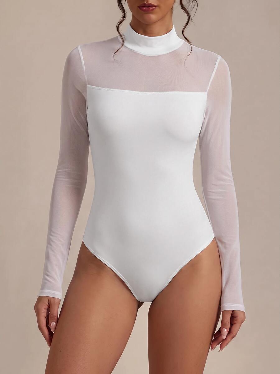 SHEIN BASICS Bodysuit Wanita Warna Polos Kerah Tinggi dengan Detail Jala Kontras Lengan Panjang - Putih - View 1