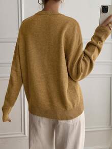 DAZY Atasan Kerah Henley dengan Desain Blok Warna Longgar, Sweater Rajut Lembut 2 in 1 untuk Wanita - Kuning - View 2