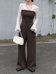 FRIFUL Women's Solid Color Strapless Fashion Wide Leg Jumpsuit - Brown - View 2