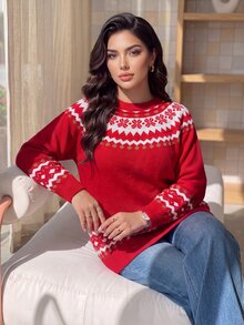 Dripcurv Plus Size Women's Wavy Striped Crew Neck Long Sleeve Casual Pullover Sweater Winter - Red - View 5