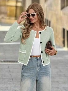 SHEIN Clasi 女款優雅休閒花苞飾邊長袖針織開襟衫，秋季/早午餐鼠尾草綠 - 薄荷綠 - 查看 3