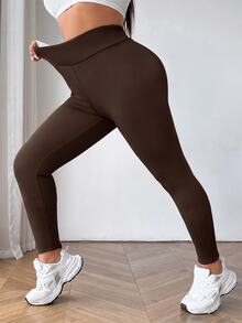 SHEIN EZwear 咖啡棕大尺碼女款休閒保暖內裡內搭褲 冬季 - 咖啡棕 - 查看 5