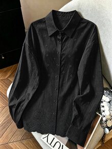 Franclia 時尚休閒優雅百搭純色刺繡可追溯純棉布料寬鬆女款襯衫 辦公室早午餐穿搭 黑色 秋季 - 黑色 - 查看 3