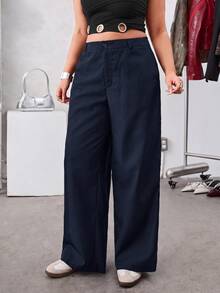 SHEIN EZwear 海軍藍純色斜口袋休閒基礎大尺碼西裝長褲，秋冬款 - 藏蓝色 - 查看 5