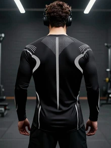GymBeat Men's Striped Raglan Long Sleeve Casual Fitness Sports T-Shirt - Black - View 2