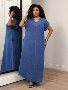 Slaydiva Plus Size Women's V-Neck Batwing Short Sleeve Casual Loose Denim Dress - Blue - View 6