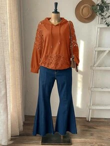 Rusticease Áo nỉ hoodie dây rút tay dài raglan phối ren tương phản màu trơn cho nữ size lớn - Rỉ Nâu - Xem 5