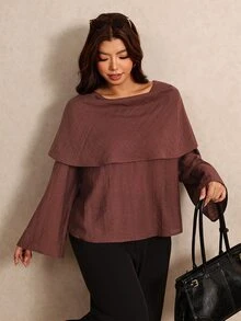 Elaquor Áo blouse thời trang casual tay loe màu trơn cho nữ size lớn - màu nâu - Xem 1