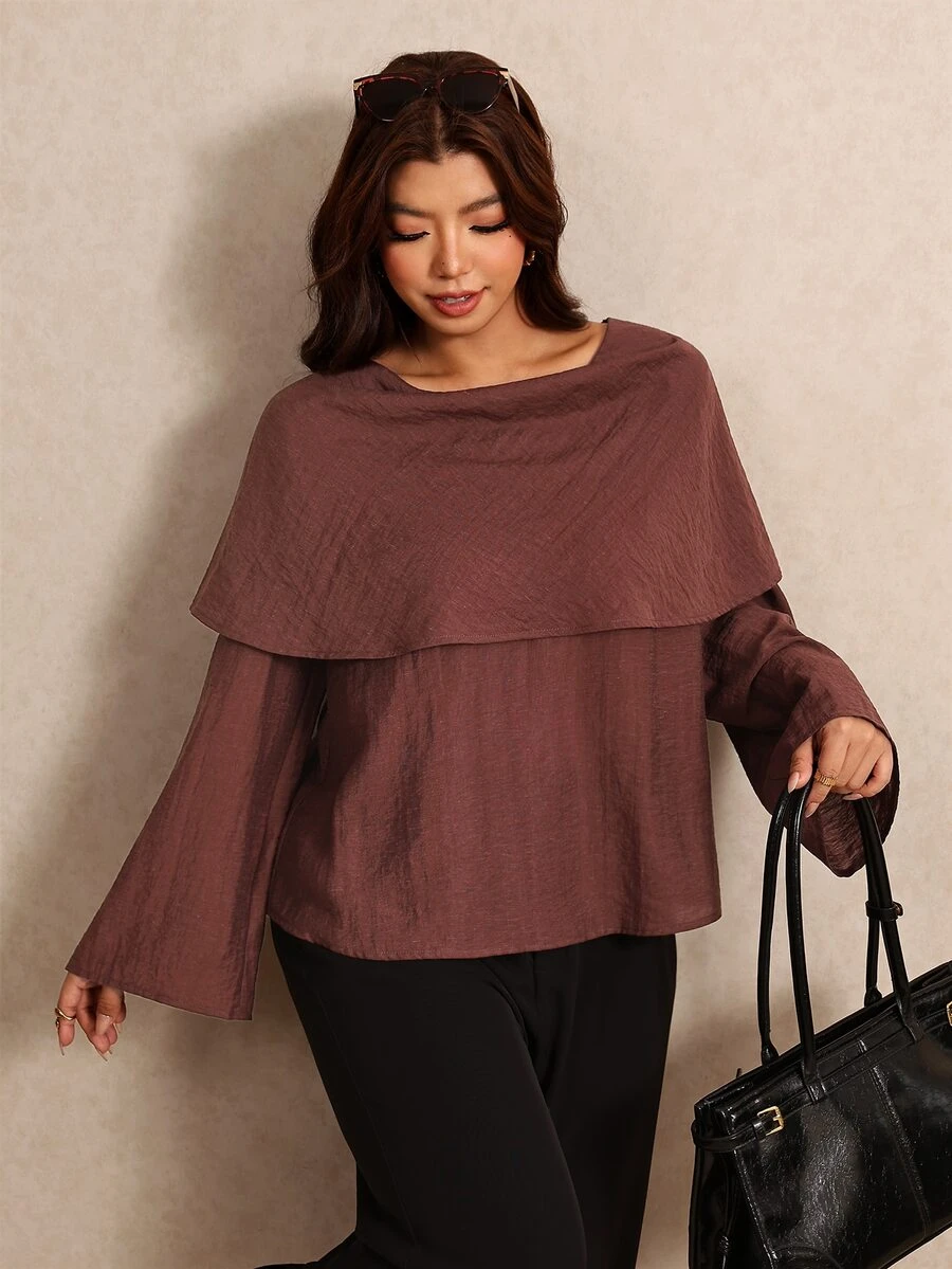 Elaquor Áo blouse thời trang casual tay loe màu trơn cho nữ size lớn - màu nâu - Xem 1