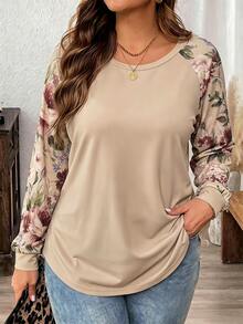Mellowie Khaki Rose Print Plus Size Women's Casual Raglan Sleeve Round Neck Loose T-Shirt, Suitable For Spring And Autumn, Perfect For Teacher's Day - Multicolor - View 1