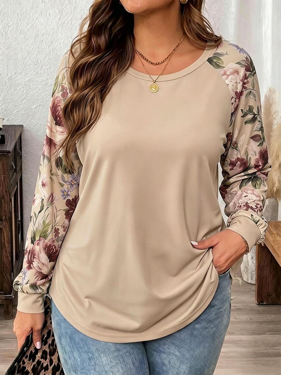 Mellowie Khaki Rose Print Plus Size Women's Casual Raglan Sleeve Round Neck Loose T-Shirt, Suitable For Spring And Autumn, Perfect For Teacher's Day - Multicolor - View 1