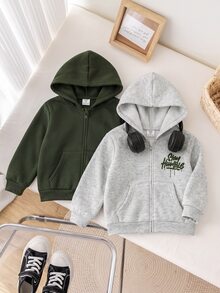 SHEIN 2件套買一送一兒童男孩女孩休閒連帽衛衣長袖基礎款秋季上衣返校服冬季外套職業日穿搭 - 彩色 - 查看 6