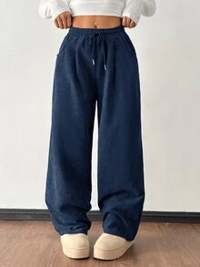 SHEIN PETITE Women's Autumn And Winter Street Fashion Casual Retro Corduroy Textured Pants - Navy Blue - View 5