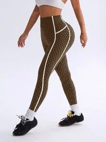 Dewbera Dewbera 女款波點印花高腰日常健身運動緊身褲 - 卡其色 - 查看 3