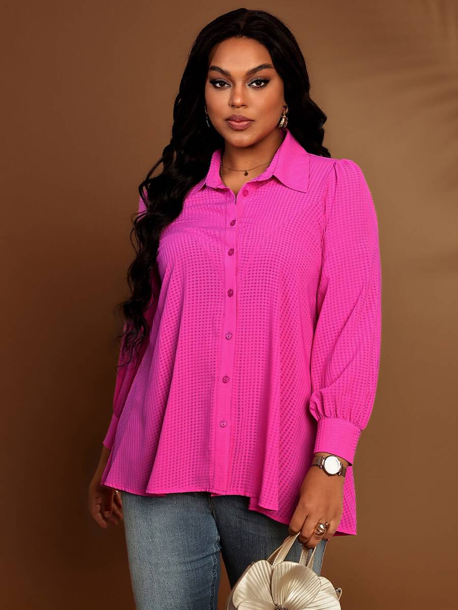 EMERY ROSE Plus Size Solid Textured Lapel Long Sleeve Button Front Casual Shirt Fall Winter 2026 - Hot Pink - View 1