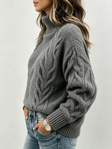 SHEIN Autumn/Winter Vintage Chunky Cable Knit Turtleneck Sweater, Loose Lazy Comfortable Winter Pullover Knit Top - Dark Grey - View 3
