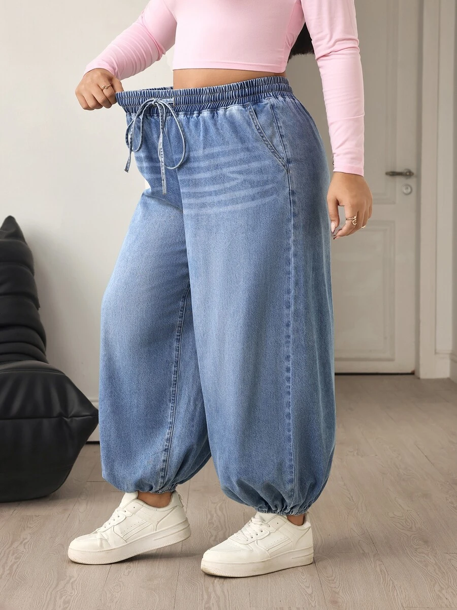 Flexra Plus Size Women's Elastic Waist Casual Daily Wear Jeans - Blue - View 1