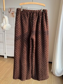 Comfortcana Plus Size Women's Polka Dot Pattern Waist Bow Decor Loose Fit Long Pants - Brown - View 2